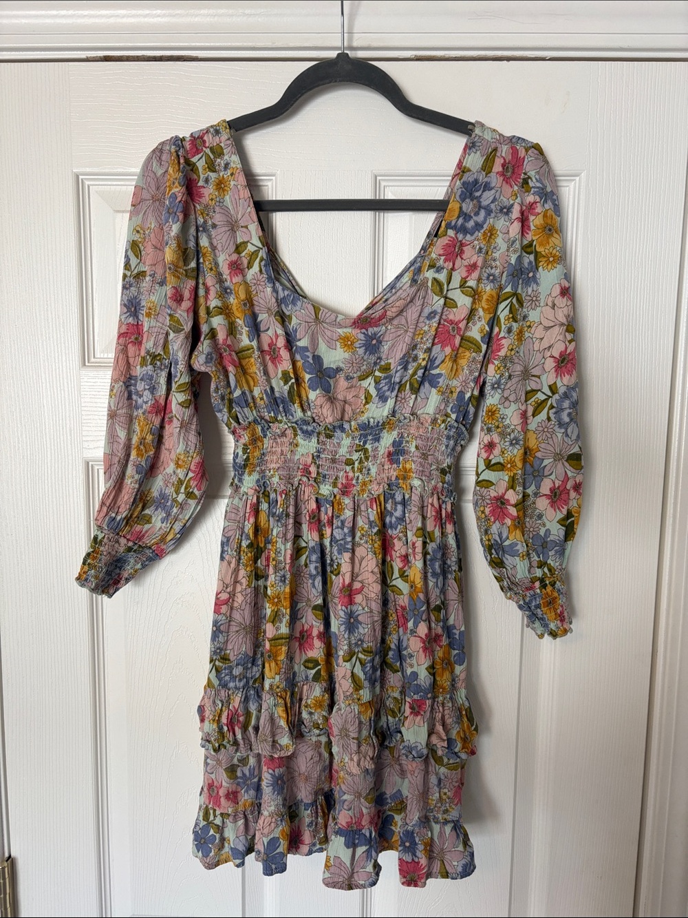 Angie Floral Smocked Waist Mini Dress in Pink, Blue & Yellow